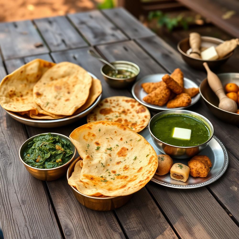 Makki di roti, sarson da saag, parathas and pakoras served at the farm