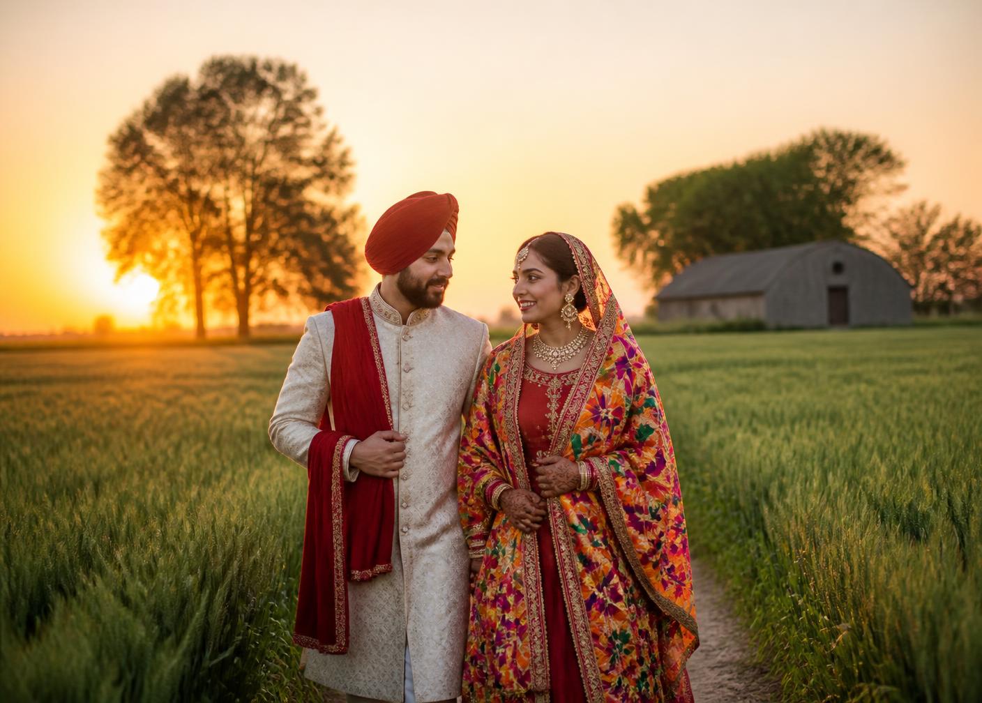 Punjabi bride and groom walking through farm fields at sunset